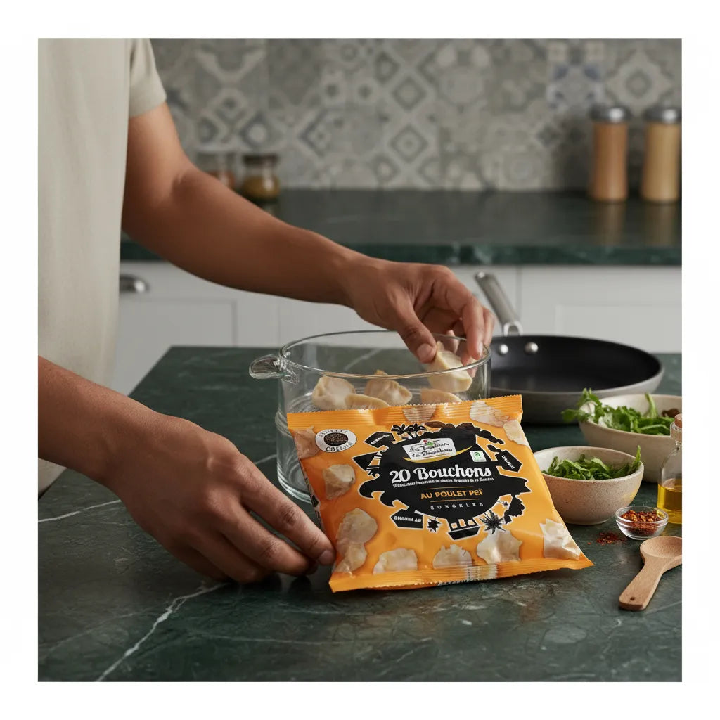 Préparation des bouchons poulet LE TRAITEUR DE BOURBON en cuisine, produit surgelé à base de volaille pour repas rapide et savoureux.